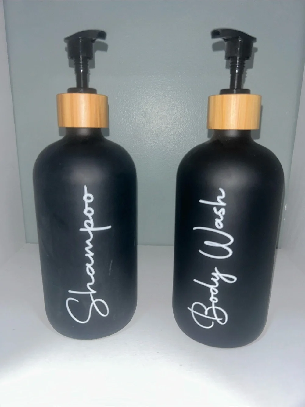 Matte Black Shampoo & Body Wash Pump Bottles with Bamboo Caps Height 8.5’